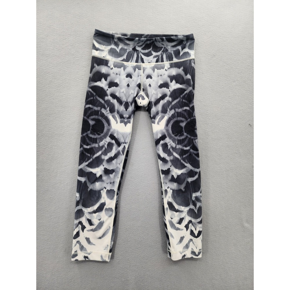 Lululemon Wunder Under Crop Leggings Size 4 Black White Feather Print Yoga Pants